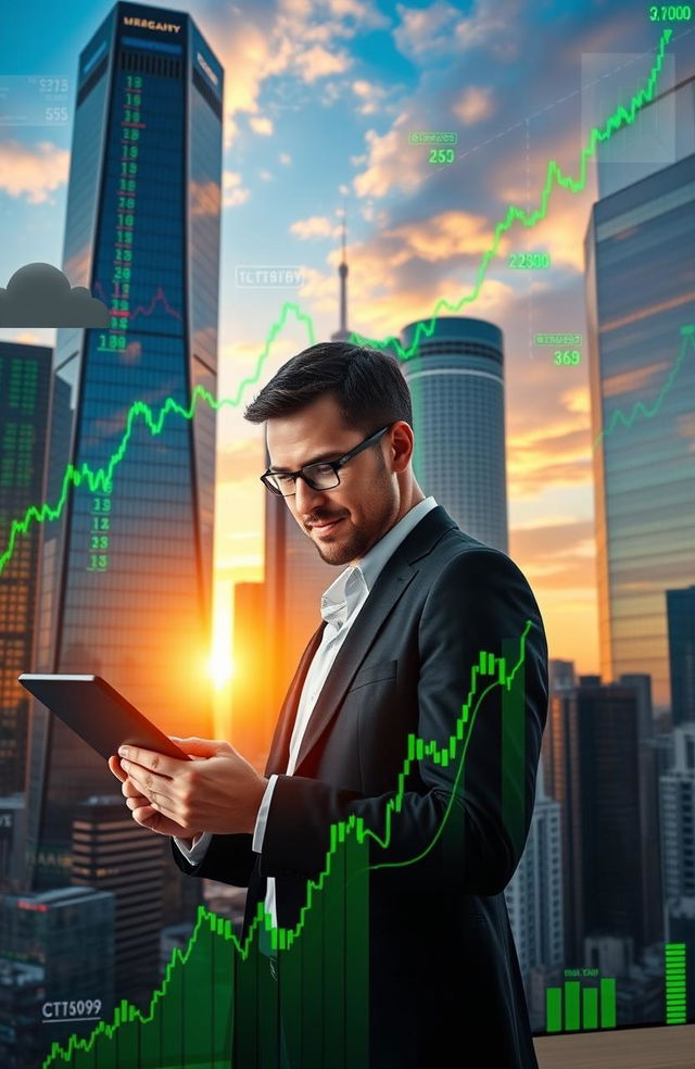 A visually striking image of diverse stock market elements, featuring a dynamic city skyline in the background with glass skyscrapers reflecting vibrant stock charts and green upward trending lines