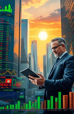 A visually striking image of diverse stock market elements, featuring a dynamic city skyline in the background with glass skyscrapers reflecting vibrant stock charts and green upward trending lines