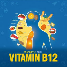 An informative and eye-catching cover illustration for an article about low Vitamin B12 levels in the body