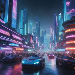 Futuristic cityscape in the year 2077, illuminated and bustling with neon lights and high-tech vehicles.