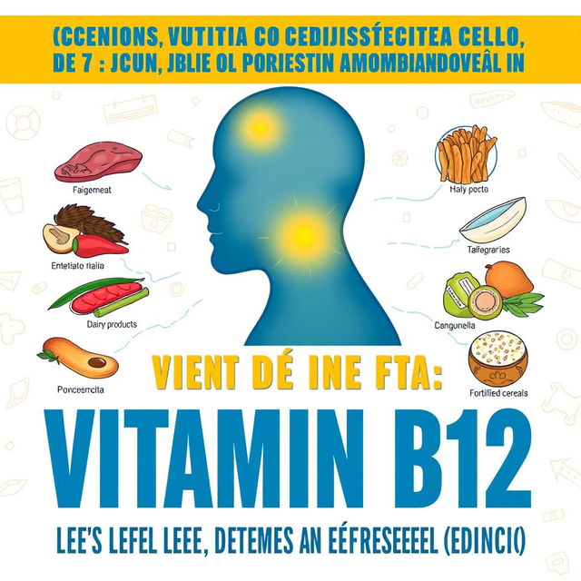 An informative and eye-catching cover illustration for an article about low Vitamin B12 levels in the body