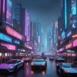 Futuristic cityscape in the year 2077, illuminated and bustling with neon lights and high-tech vehicles.