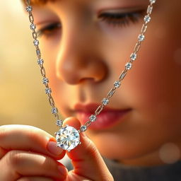 A close-up view of a sparkling diamond necklace elegantly held in the hand of a young boy, who gazes at the necklace with wonder