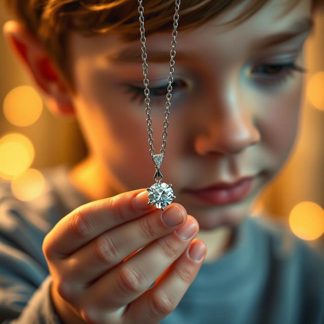 A close-up view of a sparkling diamond necklace elegantly held in the hand of a young boy, who gazes at the necklace with wonder