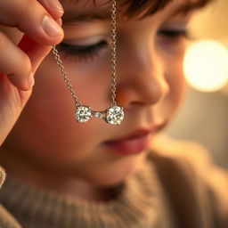 A close-up view of a sparkling diamond necklace elegantly held in the hand of a young boy, who gazes at the necklace with wonder