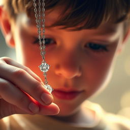 A close-up view of a sparkling diamond necklace elegantly held in the hand of a young boy, who gazes at the necklace with wonder