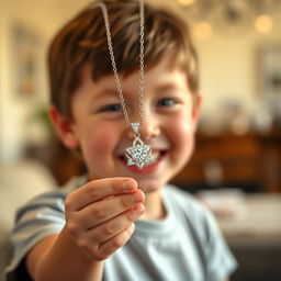 A young boy with an innocent expression is holding a sparkling diamond necklace in his hand, showcasing the intricate design of the necklace