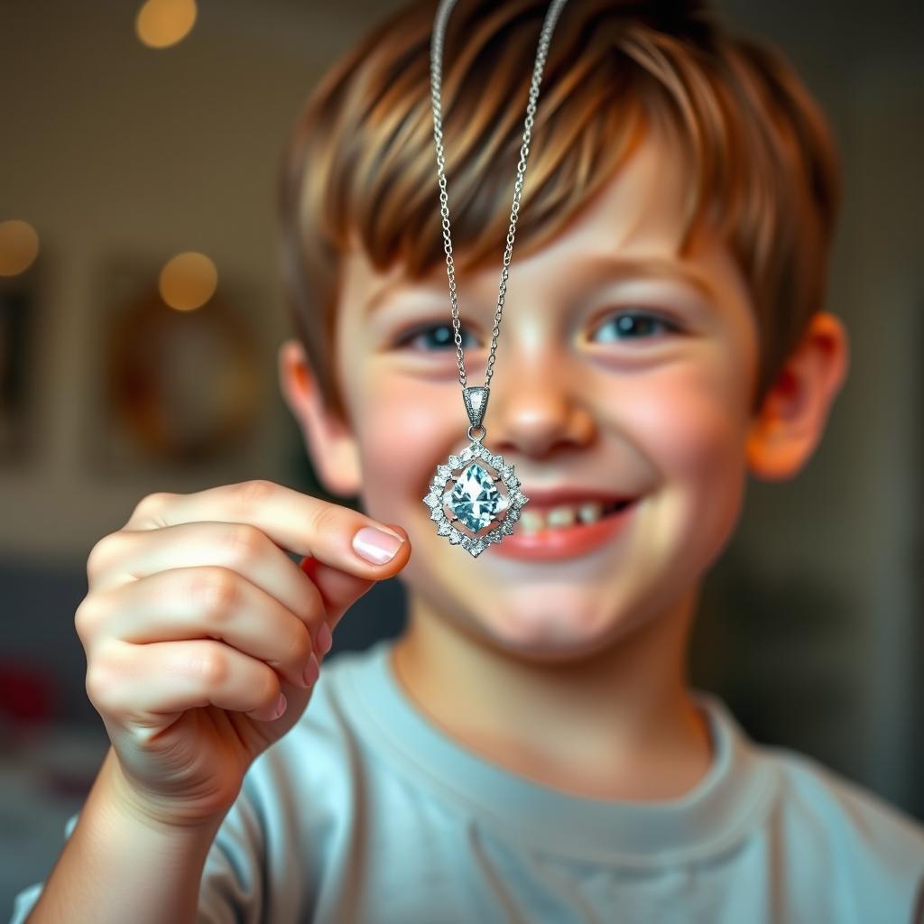 A young boy with an innocent expression is holding a sparkling diamond necklace in his hand, showcasing the intricate design of the necklace