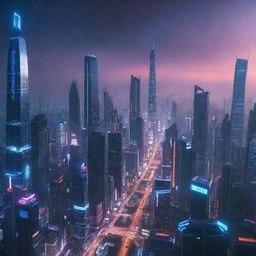 A futuristic cityscape in the year 2077, gleaming with neon lights, towering skyscrapers, and advanced technology.