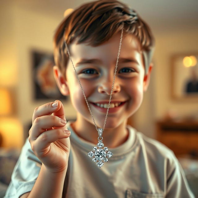 A young boy with an innocent expression is holding a sparkling diamond necklace in his hand, showcasing the intricate design of the necklace