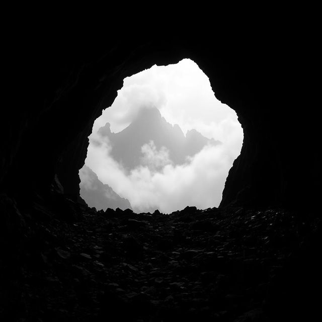 A dark, black-and-white mountainous landscape viewed through the opening of a vast, shadowy cave