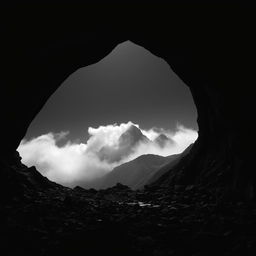 A dark, black-and-white mountainous landscape viewed through the opening of a vast, shadowy cave