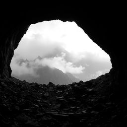 A dark, black-and-white mountainous landscape viewed through the opening of a vast, shadowy cave