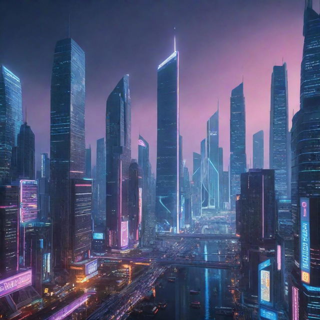 A futuristic cityscape in the year 2077, gleaming with neon lights, towering skyscrapers, and advanced technology.