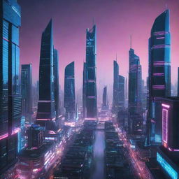 A futuristic cityscape in the year 2077, gleaming with neon lights, towering skyscrapers, and advanced technology.