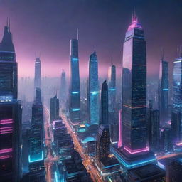 A futuristic cityscape in the year 2077, gleaming with neon lights, towering skyscrapers, and advanced technology.