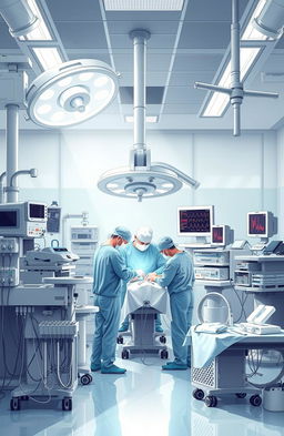 A detailed and informative illustration capturing a modern general surgery operating room, featuring an array of advanced surgical equipment, sterile instruments neatly arranged, and a surgical team in scrubs engaged in a complex procedure