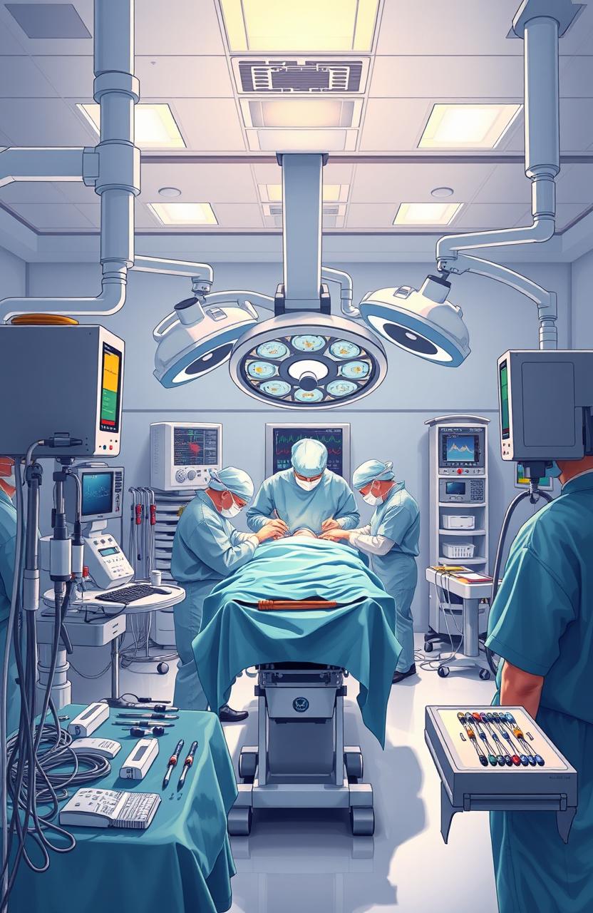 A detailed and informative illustration capturing a modern general surgery operating room, featuring an array of advanced surgical equipment, sterile instruments neatly arranged, and a surgical team in scrubs engaged in a complex procedure