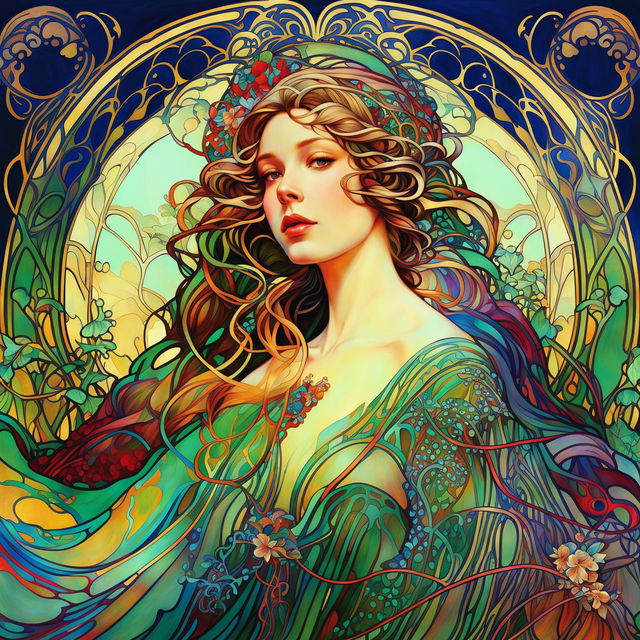 Art Nouveau digital art inspired by Alphonse Mucha featuring a woman in flowing robes with intricate background patterns and ornate border