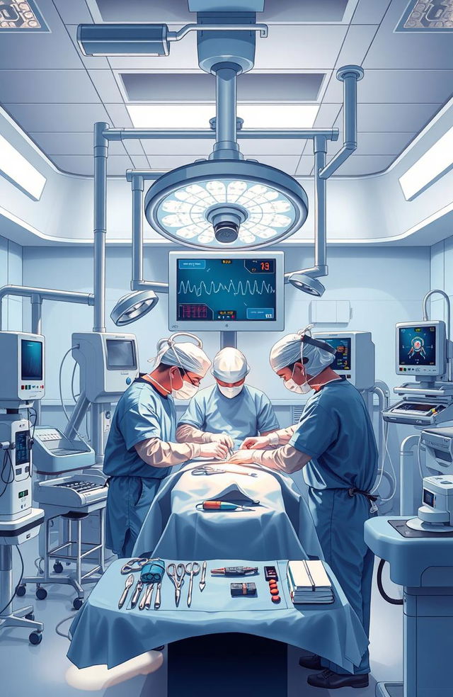 A detailed and informative illustration capturing a modern general surgery operating room, featuring an array of advanced surgical equipment, sterile instruments neatly arranged, and a surgical team in scrubs engaged in a complex procedure