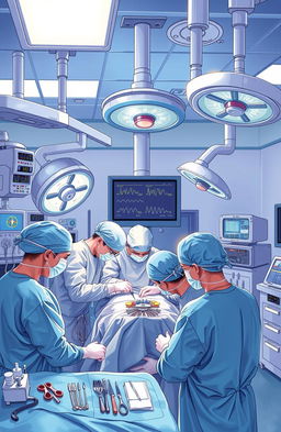 A detailed and informative illustration capturing a modern general surgery operating room, featuring an array of advanced surgical equipment, sterile instruments neatly arranged, and a surgical team in scrubs engaged in a complex procedure