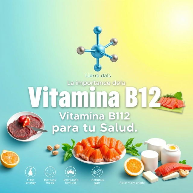 A high-definition cover design for an article titled 'La Importancia de la Vitamina B12 para tu Salud'