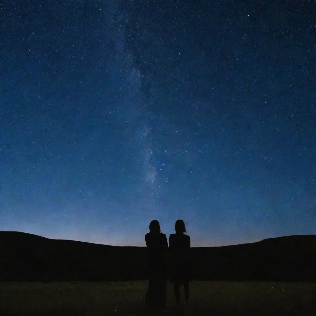 Two people standing under a starry sky, watching a shower of shooting stars falling around them.