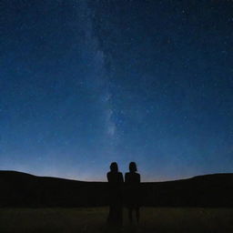 Two people standing under a starry sky, watching a shower of shooting stars falling around them.