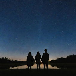 Two people standing under a starry sky, watching a shower of shooting stars falling around them.