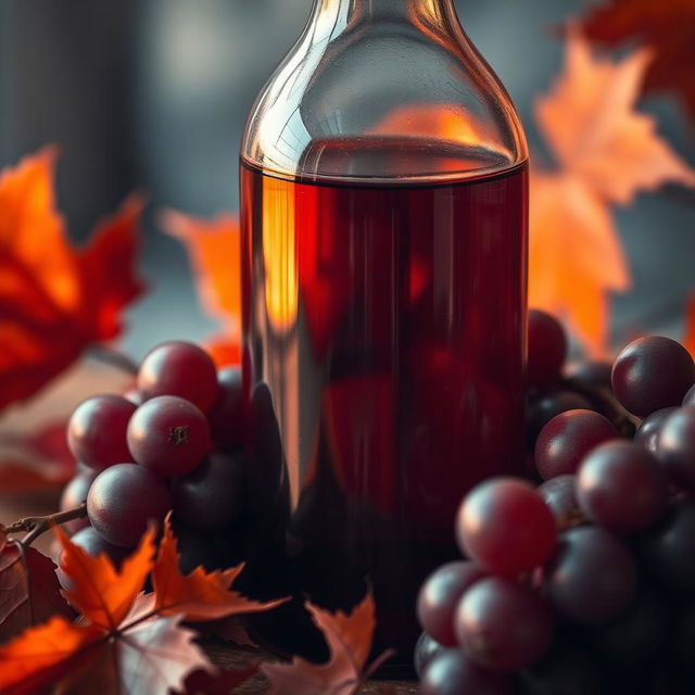 A close-up shot of an exquisite still life arrangement featuring a vintage glass bottle filled with bright red wine, surrounded by autumn leaves and ripe grapes