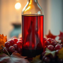 A close-up shot of an exquisite still life arrangement featuring a vintage glass bottle filled with bright red wine, surrounded by autumn leaves and ripe grapes