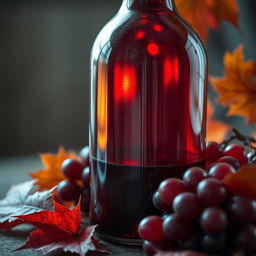 A close-up shot of an exquisite still life arrangement featuring a vintage glass bottle filled with bright red wine, surrounded by autumn leaves and ripe grapes