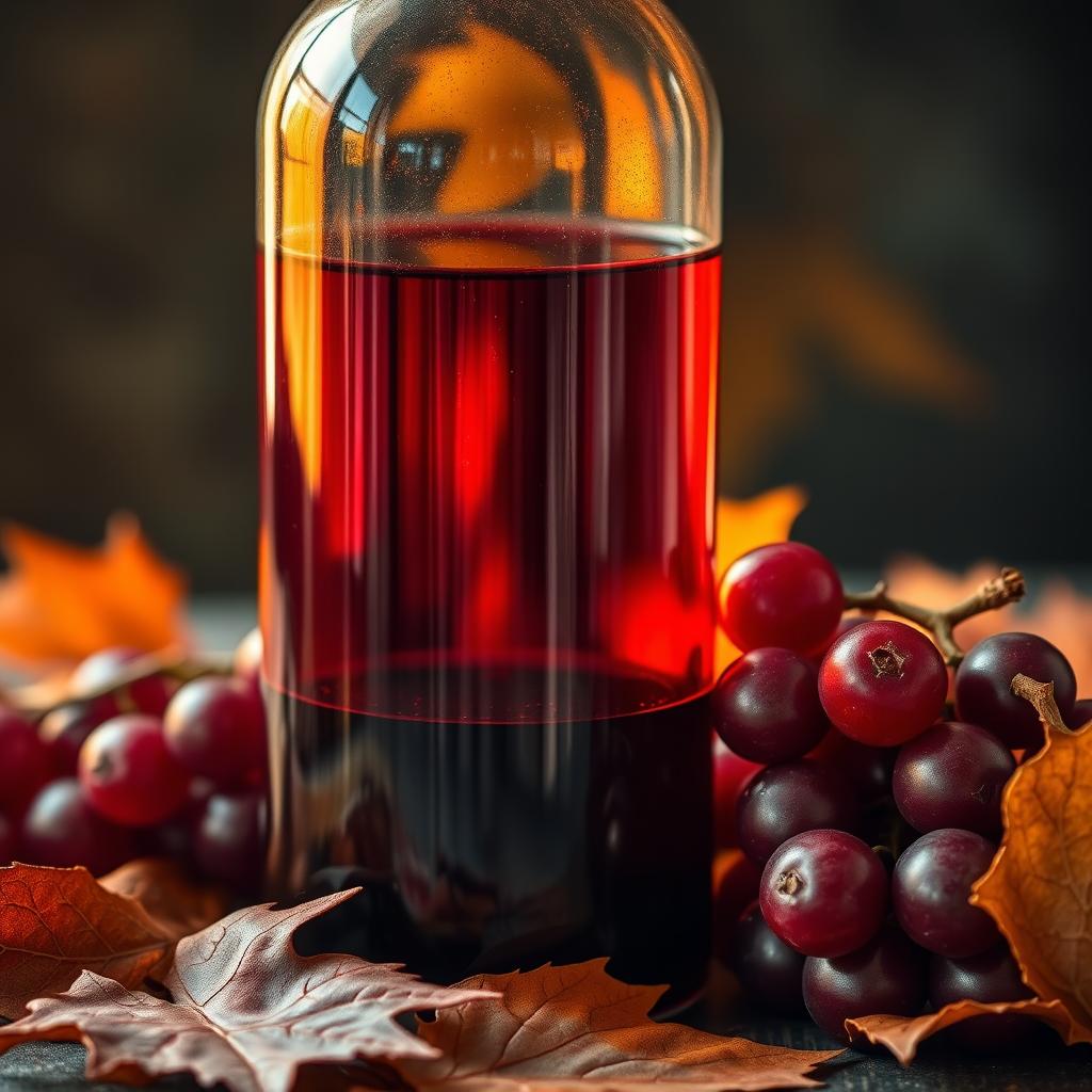 A close-up shot of an exquisite still life arrangement featuring a vintage glass bottle filled with bright red wine, surrounded by autumn leaves and ripe grapes