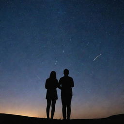 Two people standing under a starry sky, watching a shower of shooting stars falling around them.