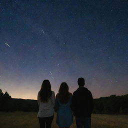 Two people standing under a starry sky, watching a shower of shooting stars falling around them.