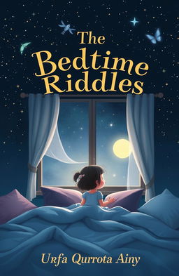 A serene nighttime sky filled with twinkling stars and a gentle moonlight glow, featuring a little girl sitting on her bed, gazing out the window with wonder in her eyes