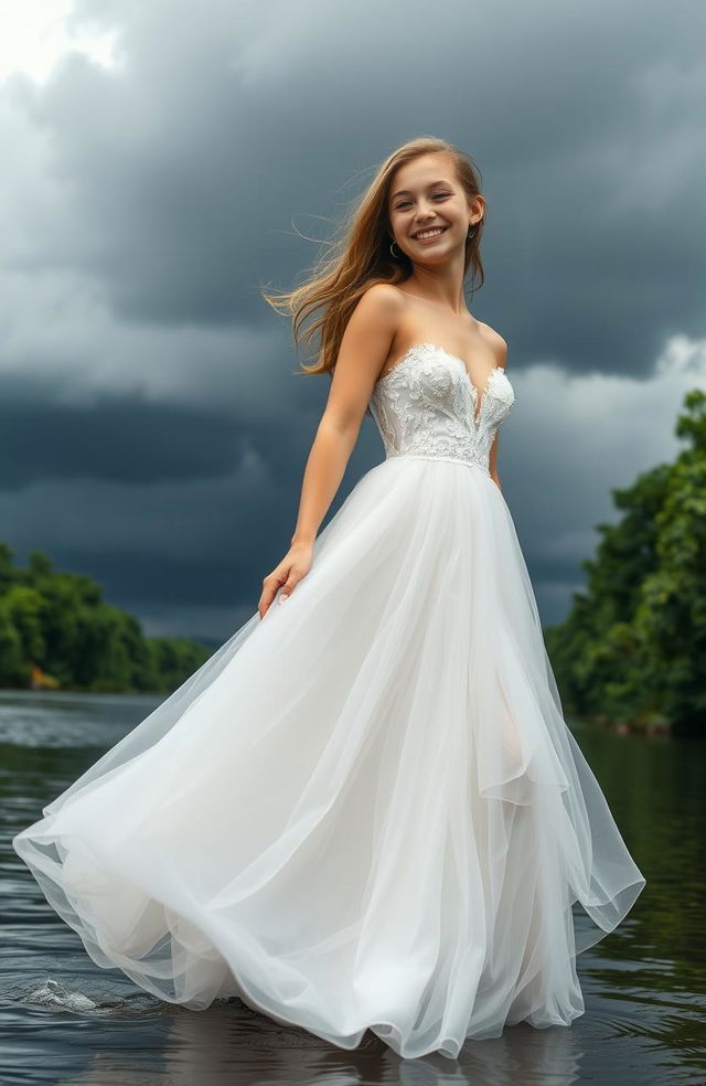 A serene river scene during a dramatic storm, showcasing a beautiful teen girl wearing a flowing wedding dress