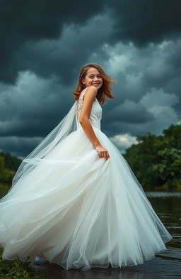 A serene river scene during a dramatic storm, showcasing a beautiful teen girl wearing a flowing wedding dress