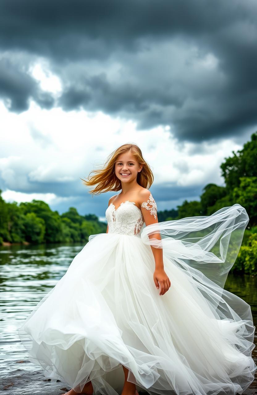 A serene river scene during a dramatic storm, showcasing a beautiful teen girl wearing a flowing wedding dress