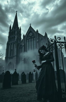 A dark and atmospheric Gothic scene, featuring a towering cathedral with intricate stained glass windows, looming over a misty graveyard filled with ancient tombstones