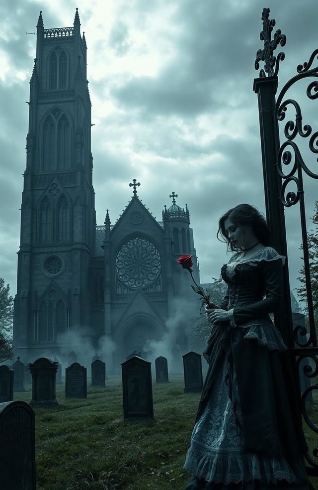 A dark and atmospheric Gothic scene, featuring a towering cathedral with intricate stained glass windows, looming over a misty graveyard filled with ancient tombstones