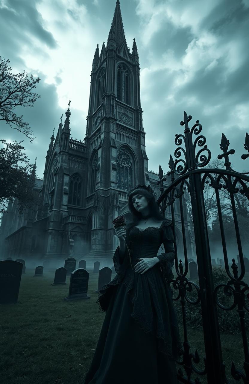 A dark and atmospheric Gothic scene, featuring a towering cathedral with intricate stained glass windows, looming over a misty graveyard filled with ancient tombstones