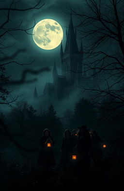 A dark and atmospheric scene showcasing a gothic castle looming ominously against a backdrop of a full harvest moon illuminating the night sky