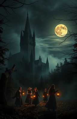 A dark and atmospheric scene showcasing a gothic castle looming ominously against a backdrop of a full harvest moon illuminating the night sky