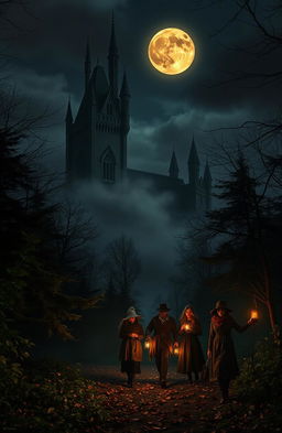 A dark and atmospheric scene showcasing a gothic castle looming ominously against a backdrop of a full harvest moon illuminating the night sky