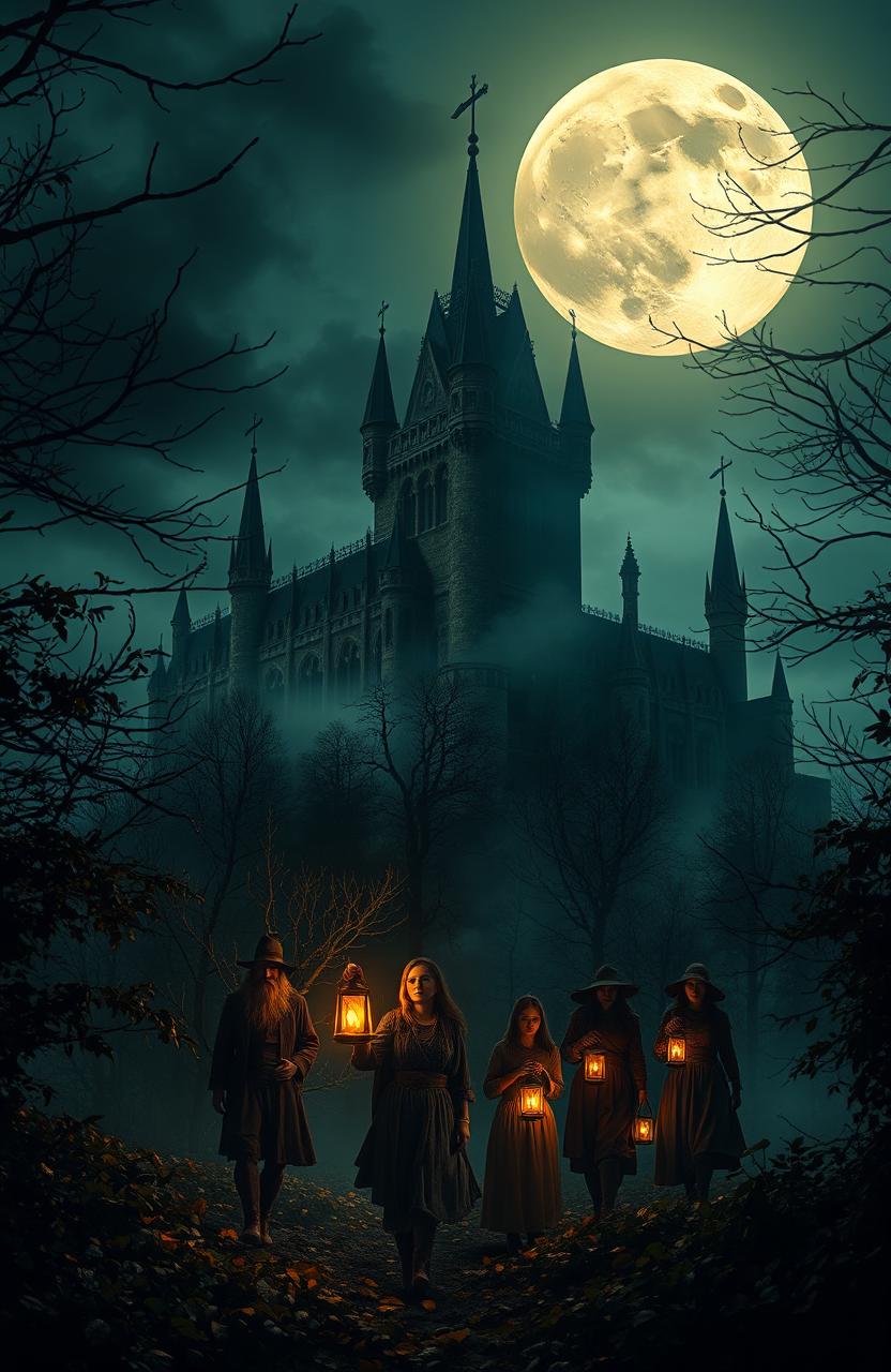 A dark and atmospheric scene showcasing a gothic castle looming ominously against a backdrop of a full harvest moon illuminating the night sky