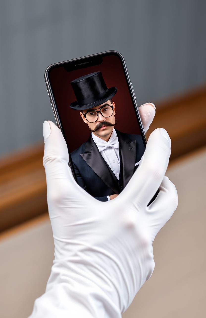 A sophisticated setting depicting a white gloved hand elegantly holding a modern smartphone