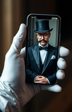 A sophisticated setting depicting a white gloved hand elegantly holding a modern smartphone