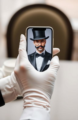 A sophisticated setting depicting a white gloved hand elegantly holding a modern smartphone