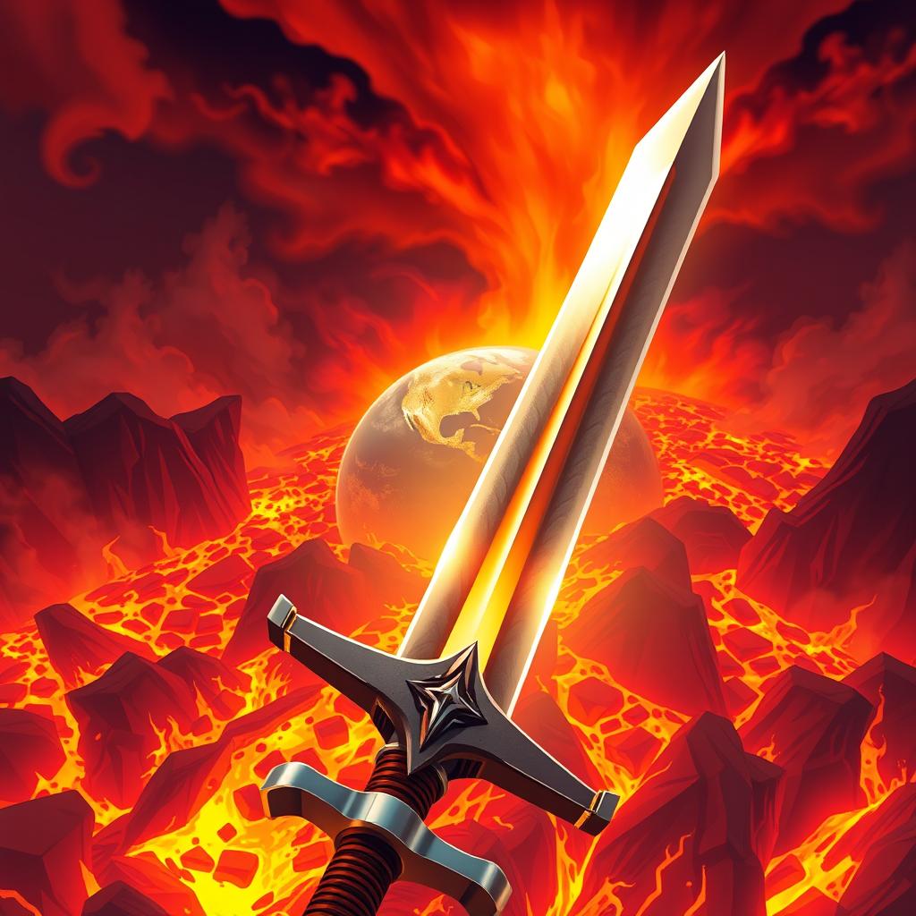 An animated cover design featuring a captivating scene of the world engulfed in volcanic lava and fire, with vibrant orange and red hues creating a dramatic backdrop